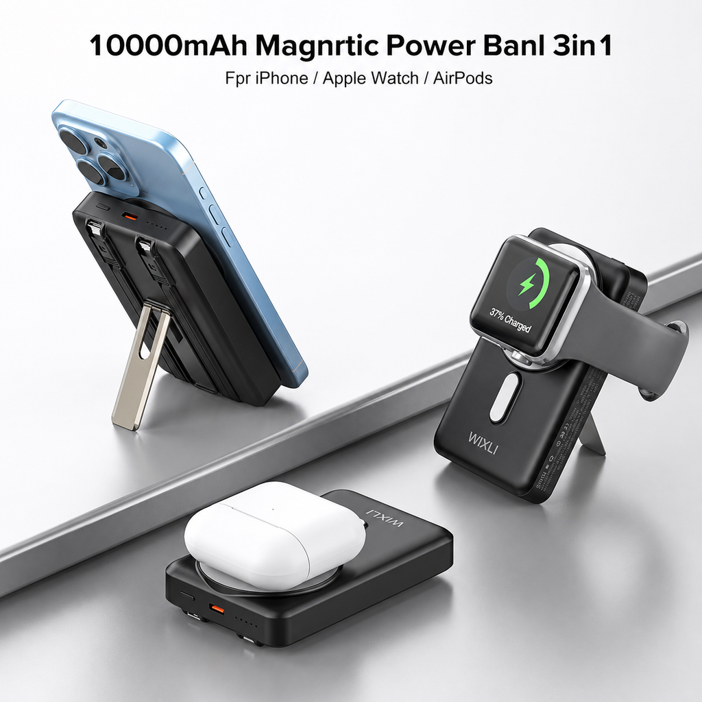10000mAh 3-in-1 Magnetic Power Bank Wireless Portable Charger with Stand