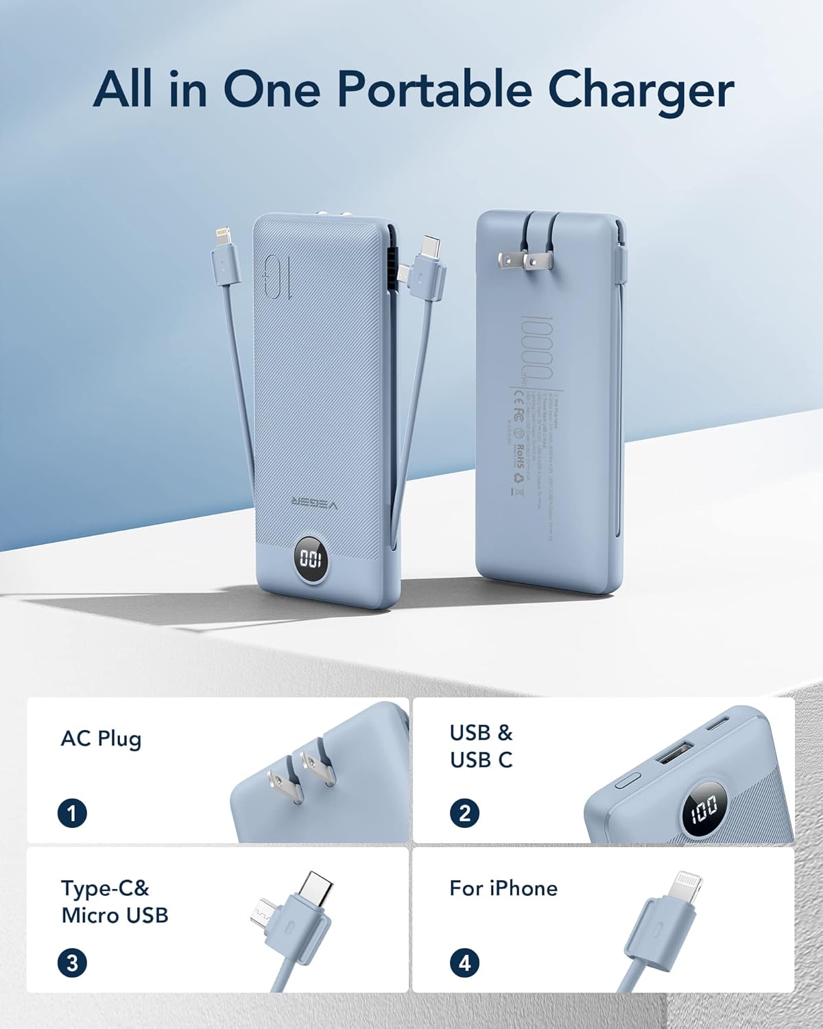 Portable Charger with Built-in Cables & AC Wall Plug, USB-C Power Bank 10000mAh