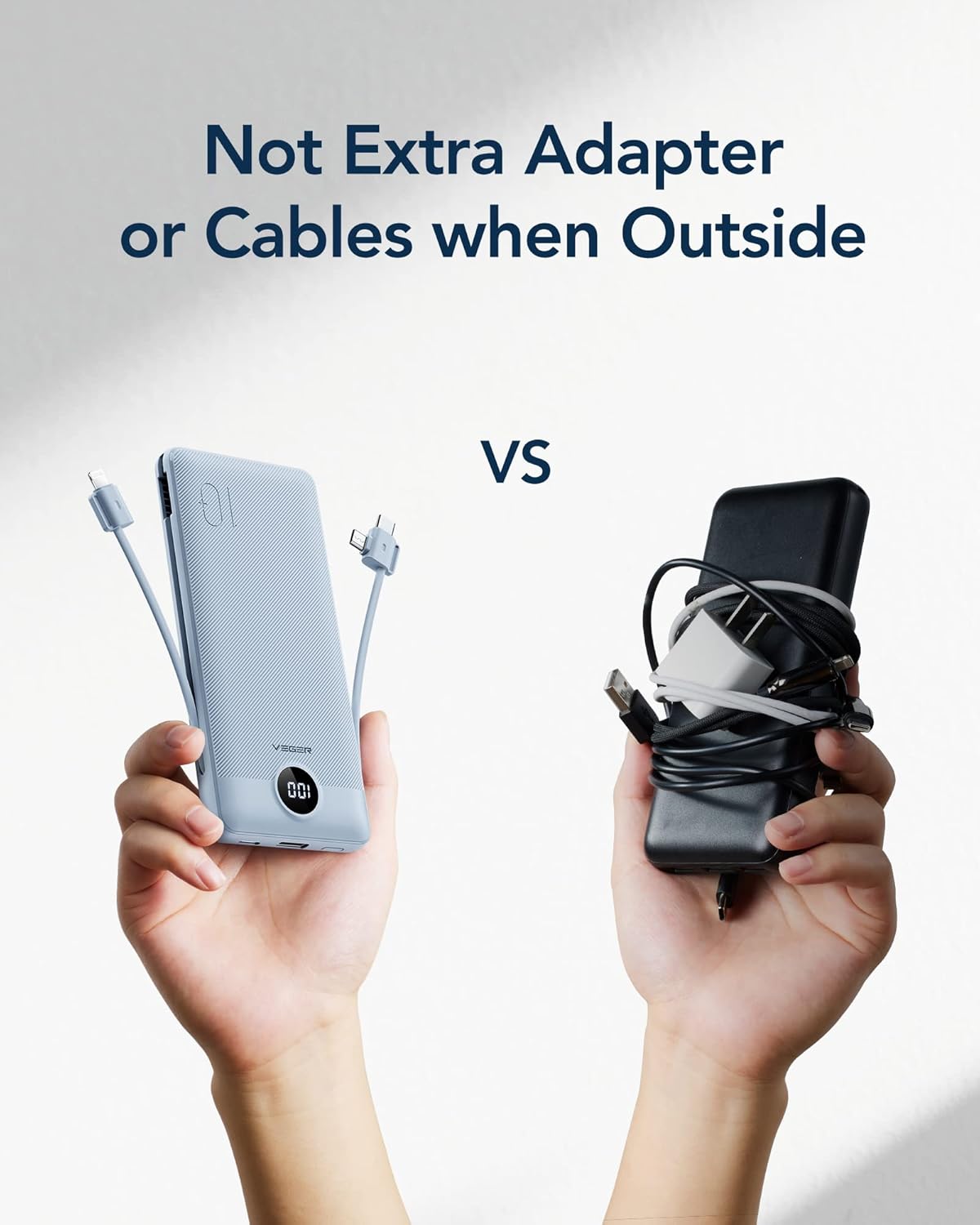 Portable Charger with Built-in Cables & AC Wall Plug, USB-C Power Bank 10000mAh