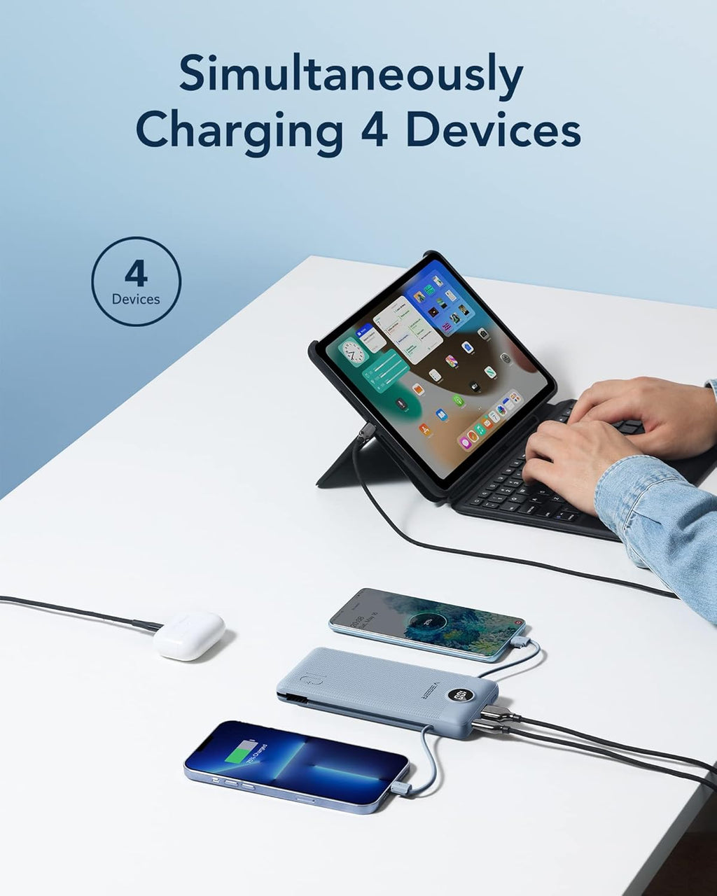 Portable Charger with Built-in Cables & AC Wall Plug, USB-C Power Bank 10000mAh