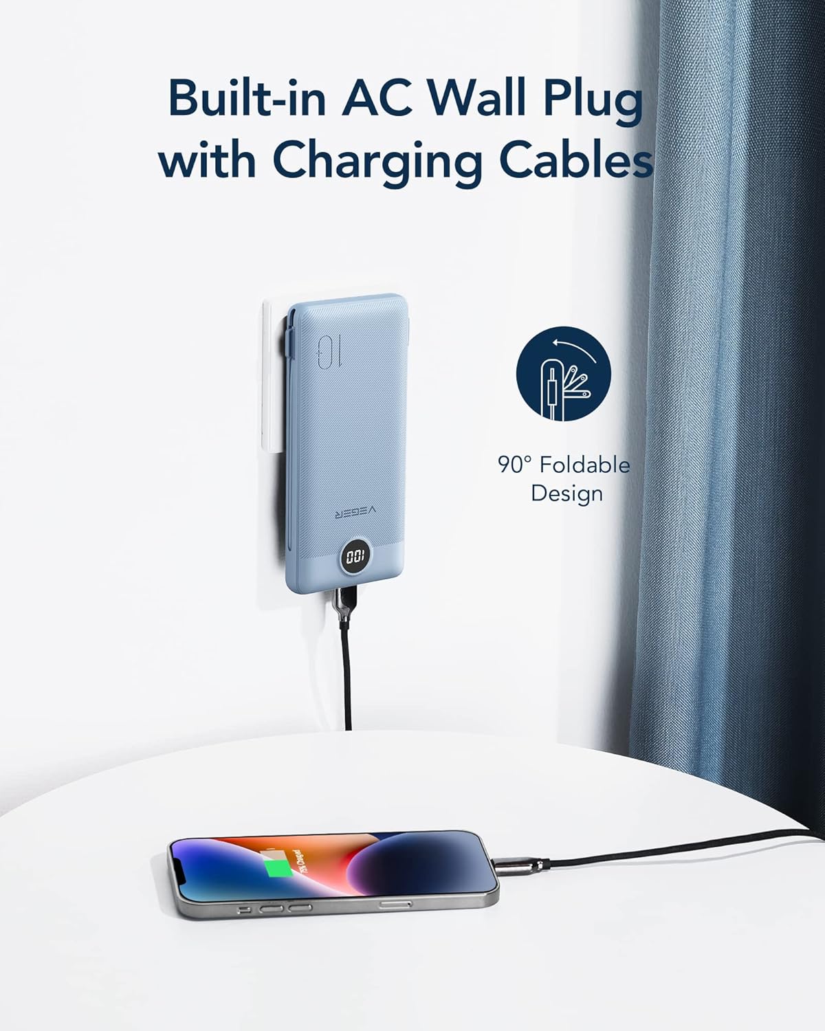 Portable Charger with Built-in Cables & AC Wall Plug, USB-C Power Bank 10000mAh
