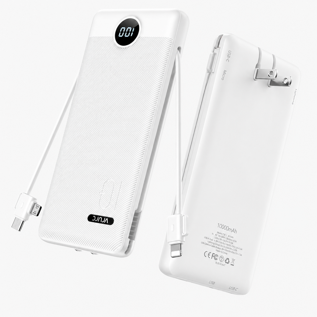 Portable Charger with Built-In Cables & AC Wall Plug – 10000mAh USB-C Power Bank