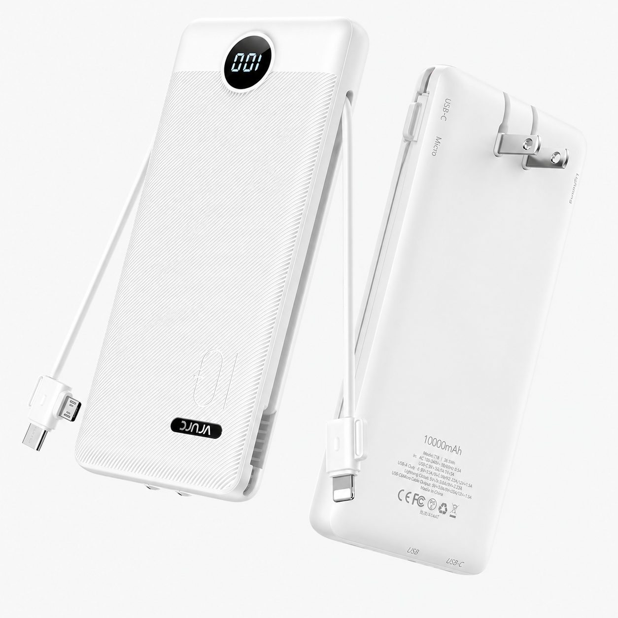 Portable Charger with Built-In Cables & AC Wall Plug – 10000mAh USB-C Power Bank
