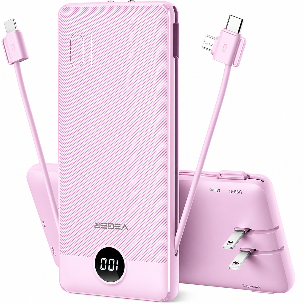 Portable Charger with Built-In Cables & AC Wall Plug – 10000mAh USB-C Power Bank