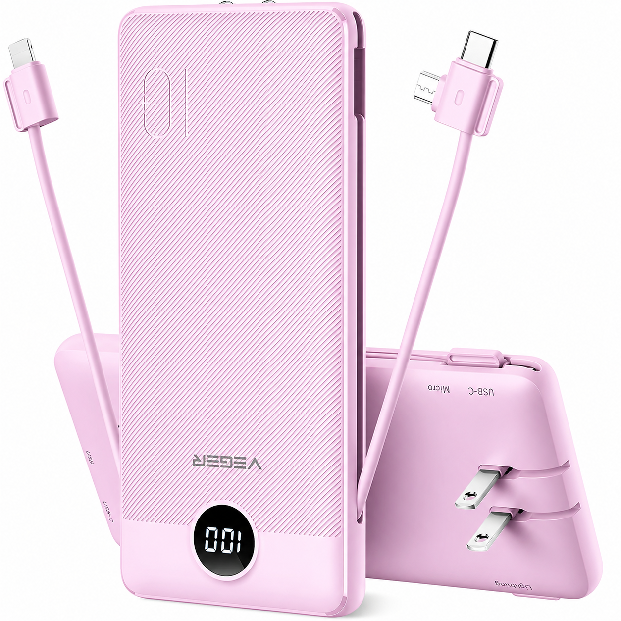 Portable Charger with Built-In Cables & AC Wall Plug – 10000mAh USB-C Power Bank