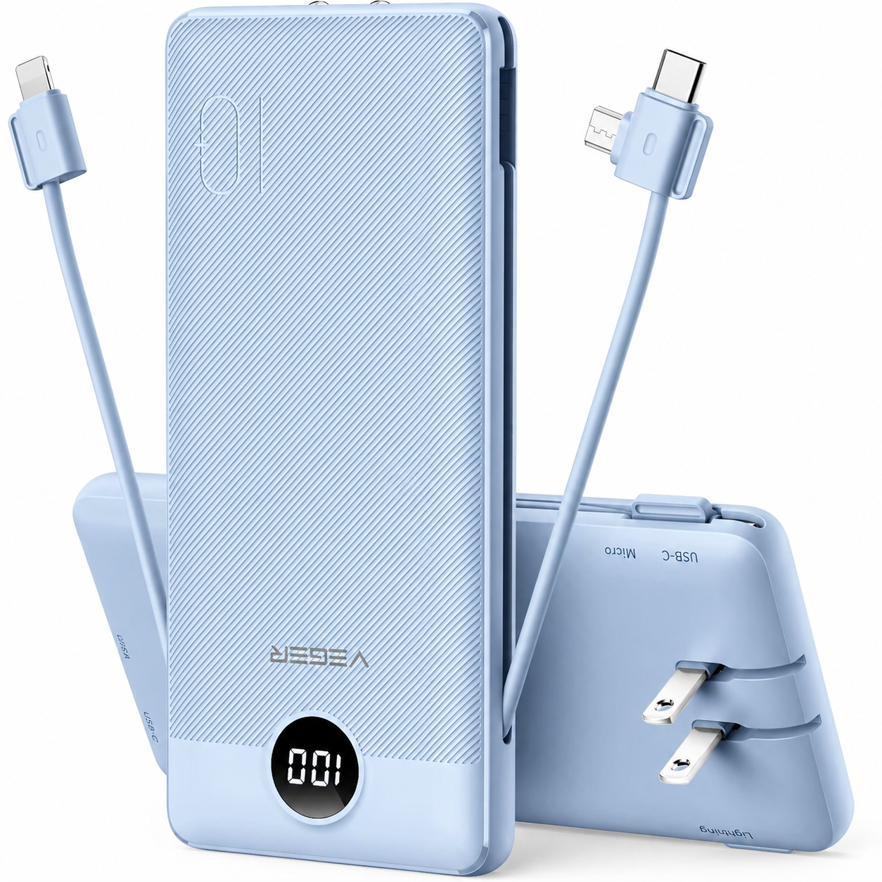 Portable Charger with Built-in Cables & AC Wall Plug, USB-C Power Bank 10000mAh