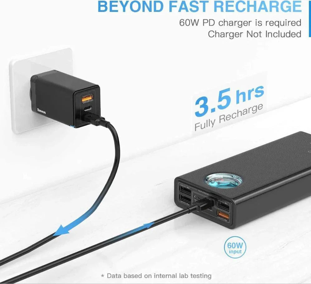 Baseus power bank fast recharge graphic showing 60W input and 3.5 hour full recharge claim