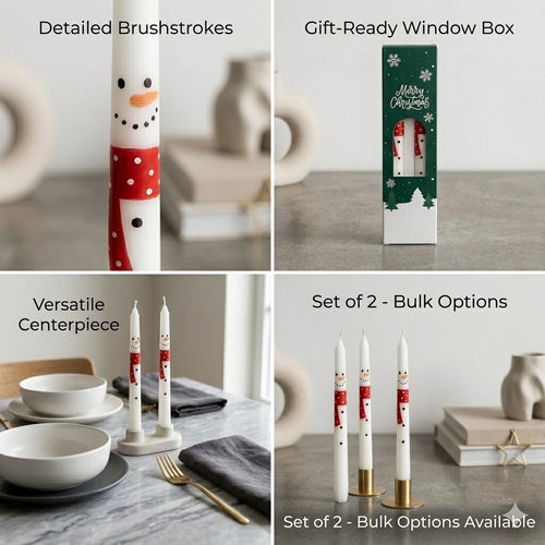 Close-up collage showing brushstroke details and bulk set options for snowman taper candles