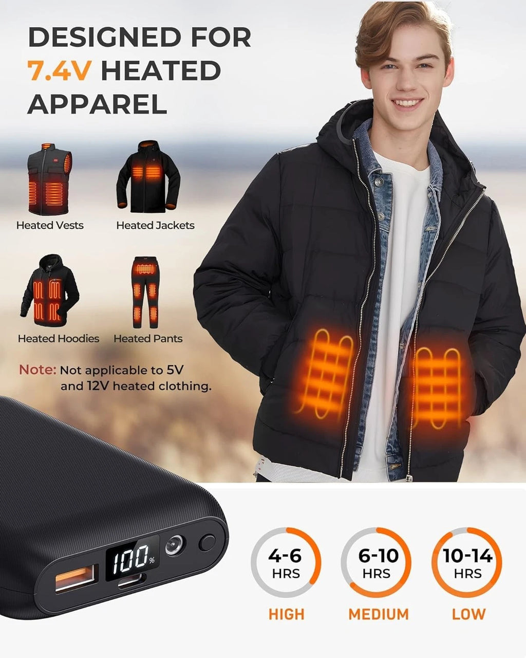 7.4V heated apparel battery pack with estimated runtime and winter jacket use case