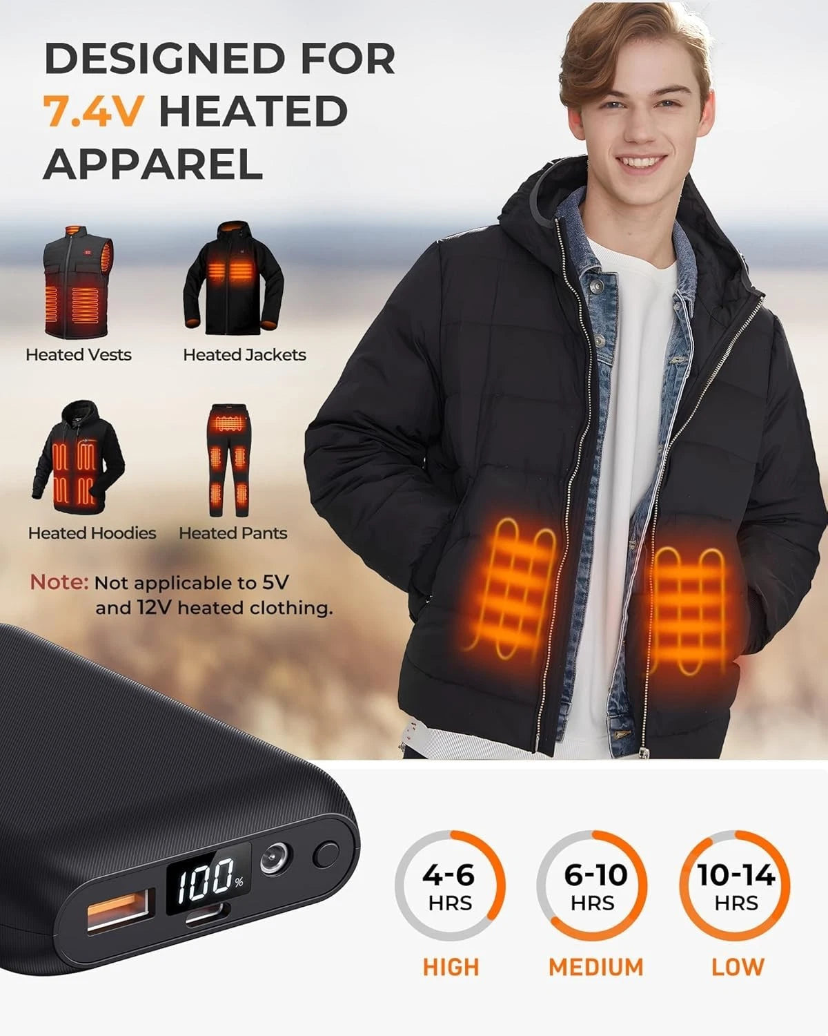 7.4V heated apparel battery pack with estimated runtime and winter jacket use case
