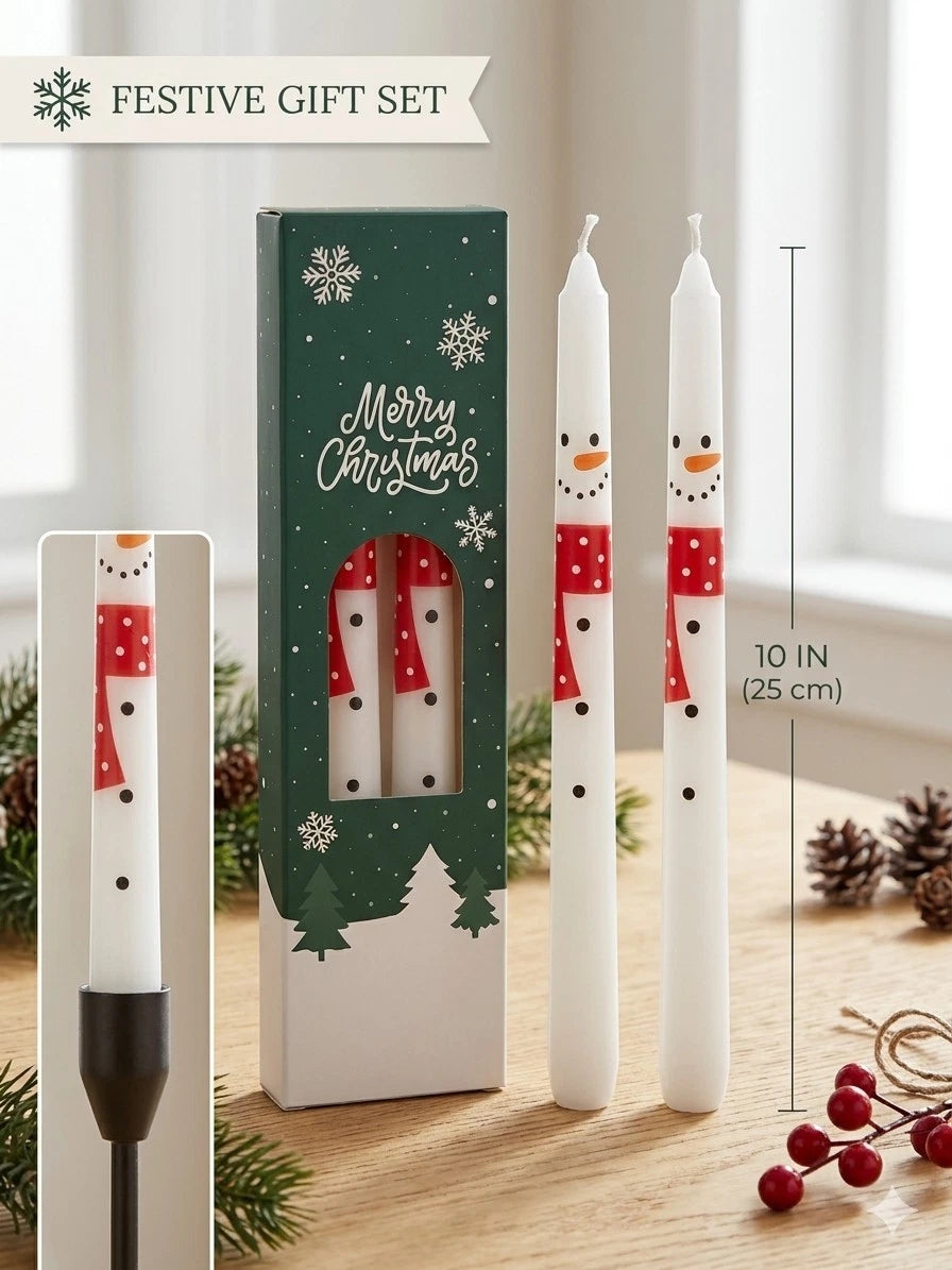 Festive gift set packaging with two 10 inch snowman taper candles