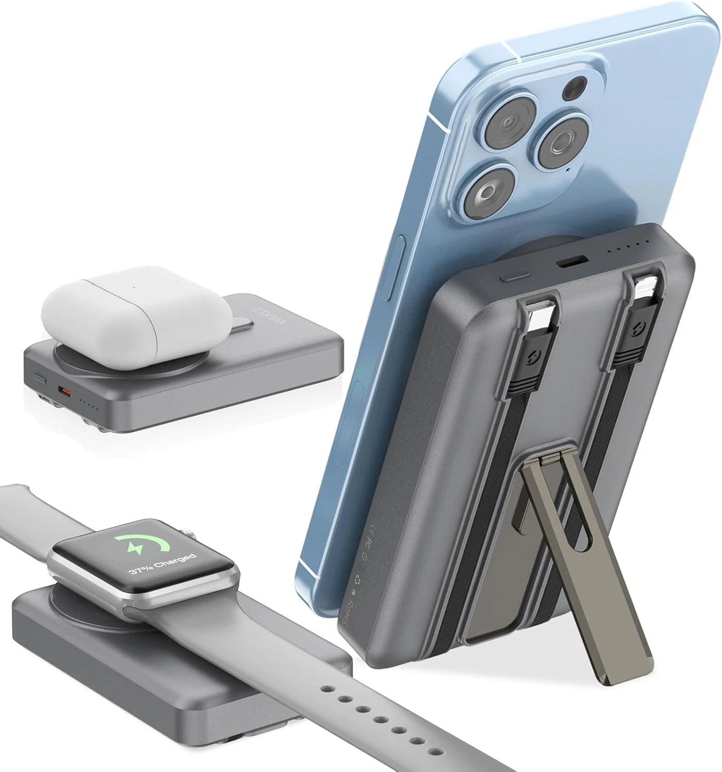 Magnetic power bank with kickstand attached to phone plus watch and earbuds charging