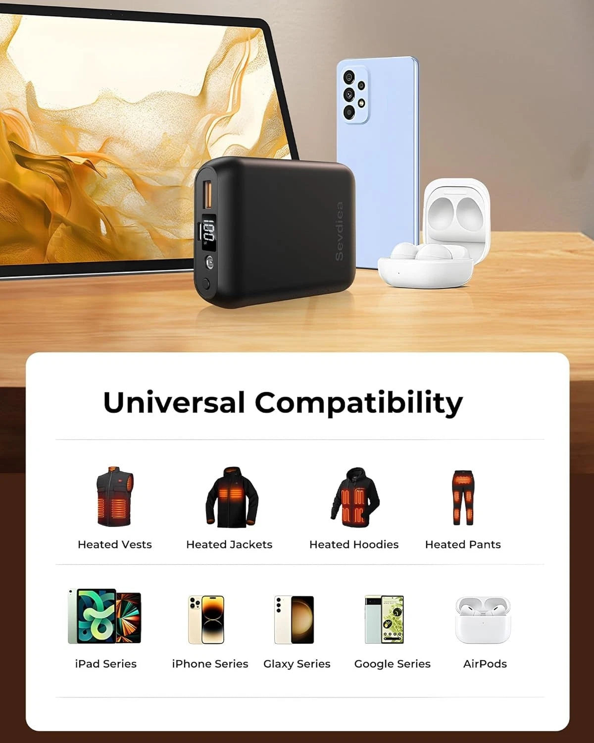 Universal compatibility image for heated vests, jackets, hoodies, pants, phones, and tablets