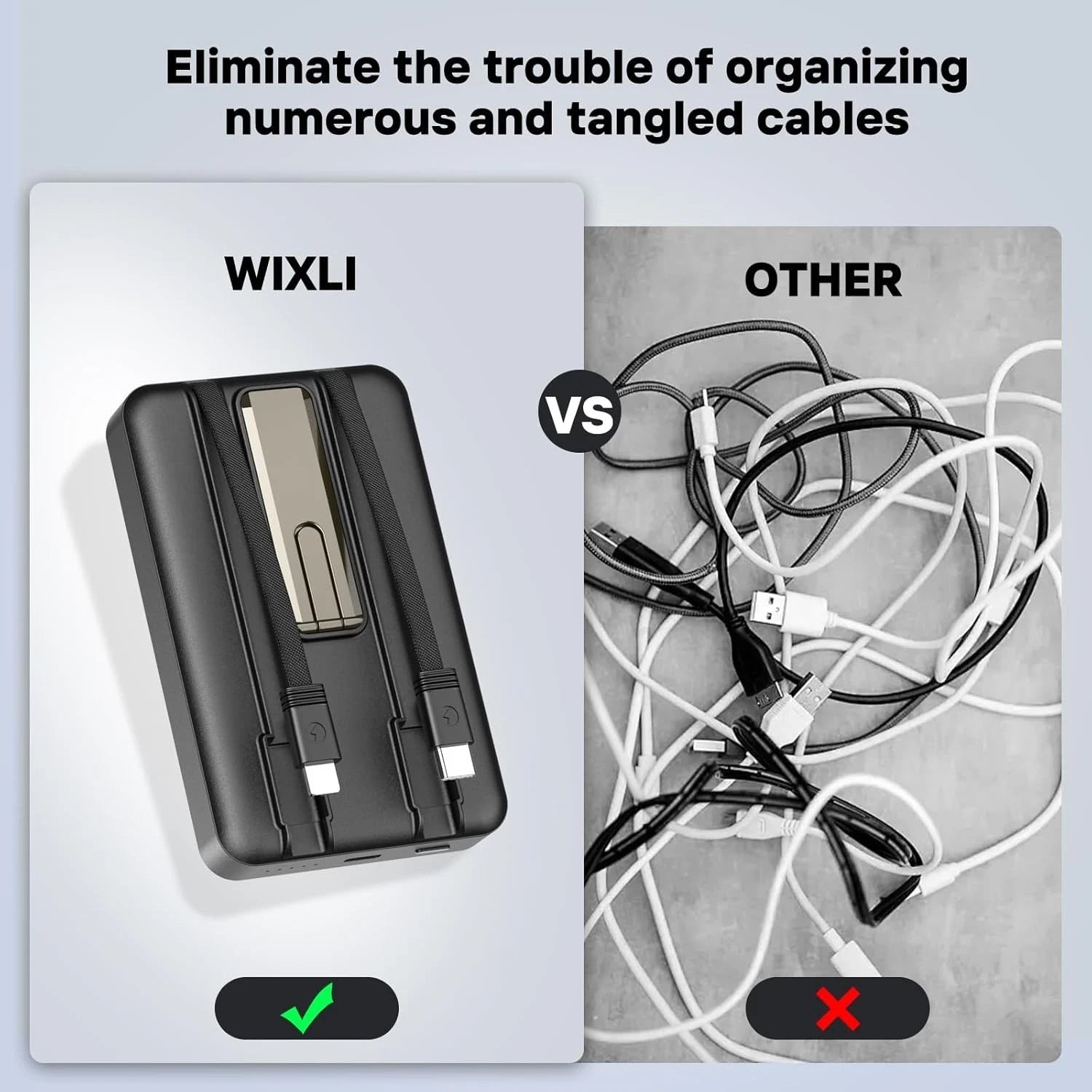Portable charger with built-in cables compared to tangled charging cables