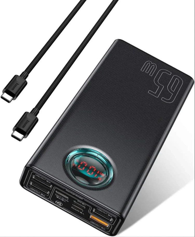 Baseus 30000mAh 65W USB-C power bank in black with LED display and multiple charging ports