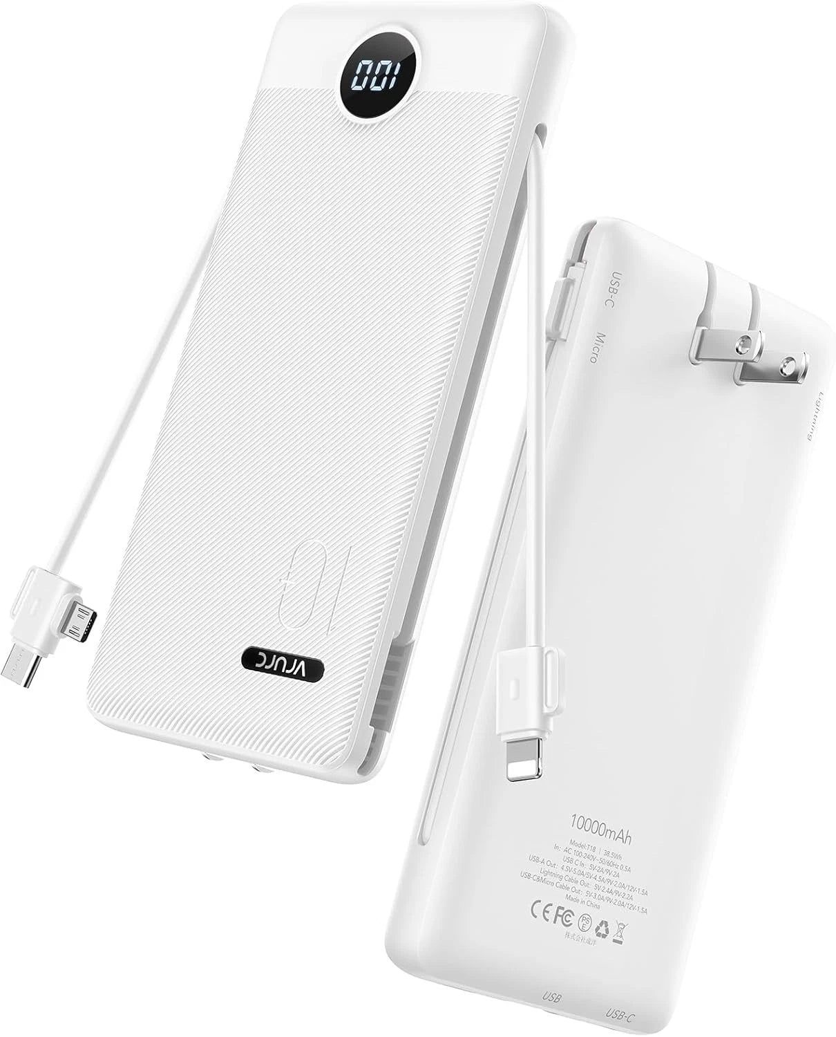 White 10000mAh portable charger with built-in cables, foldable AC wall plug, and digital LED display