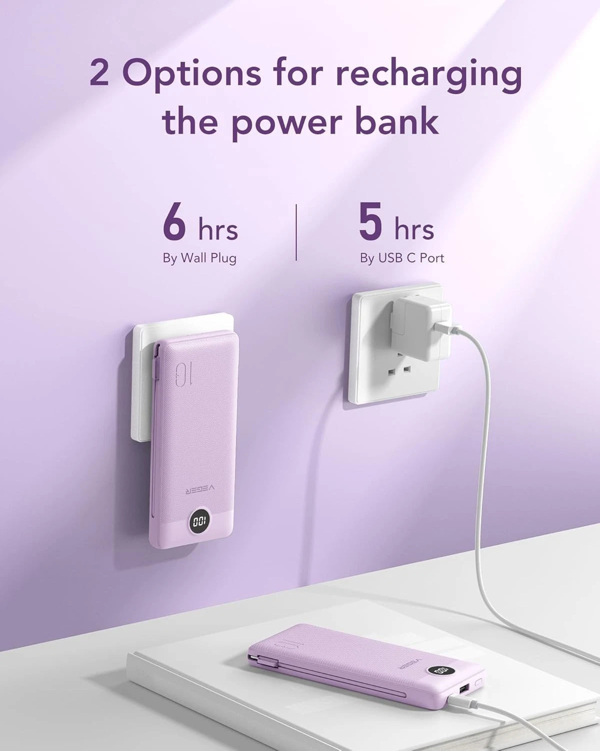 Rechargeable power bank showing wall plug charging and USB-C charging options