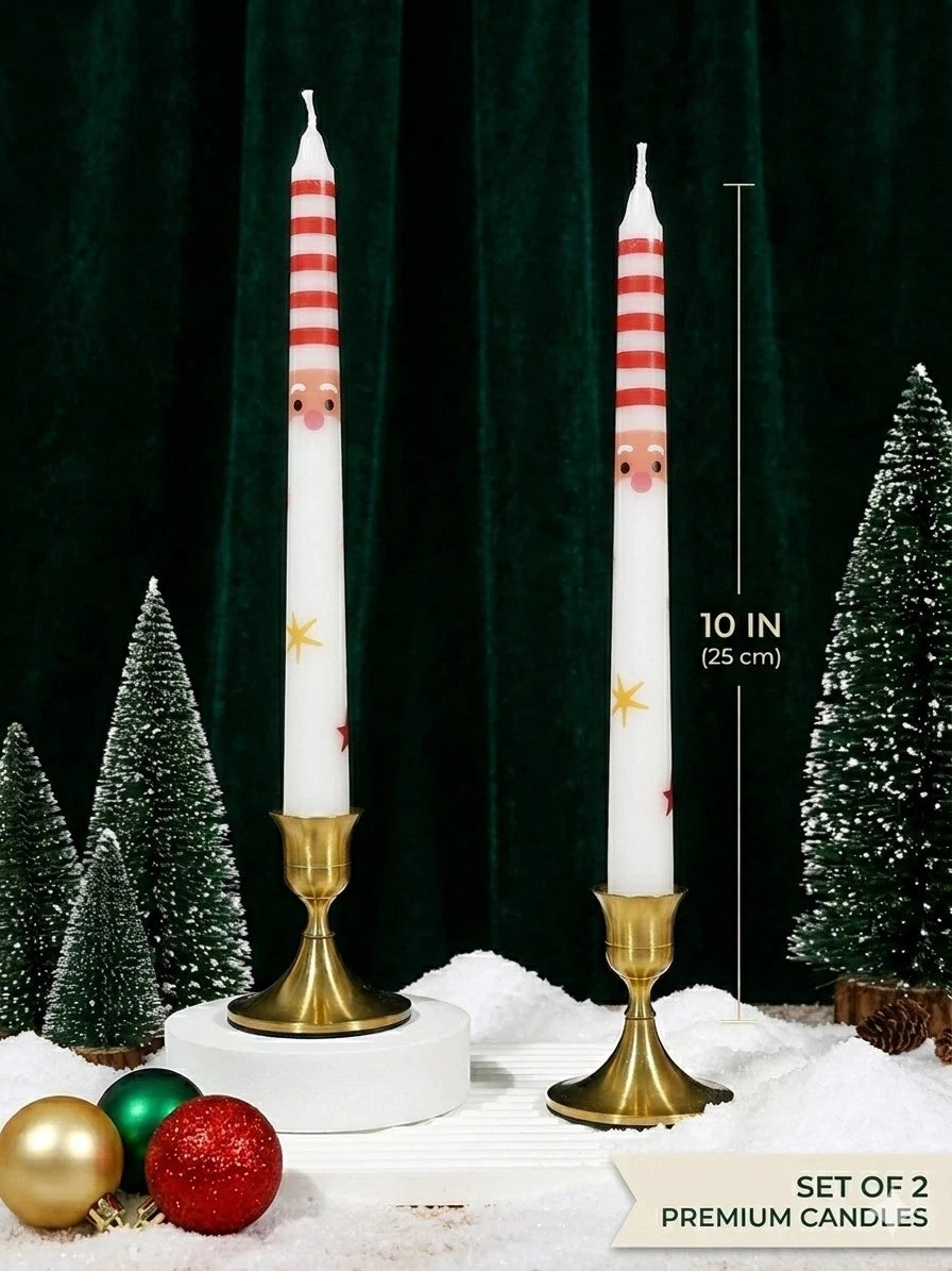Christmas snowman taper candles displayed in holders with 10 inch size graphic
