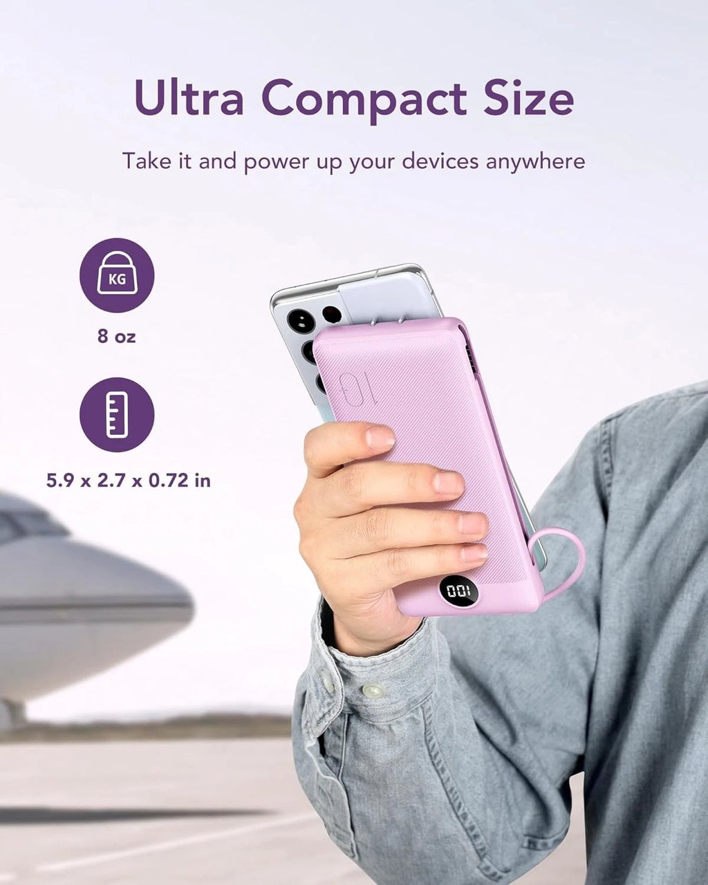 Portable charger size reference showing compact 8 oz design and slim dimensions