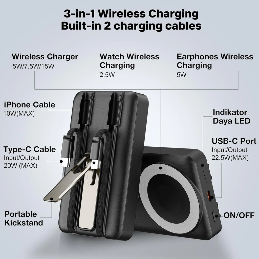 3-in-1 wireless charging power bank with built-in Lightning and USB-C cables and USB-C port details