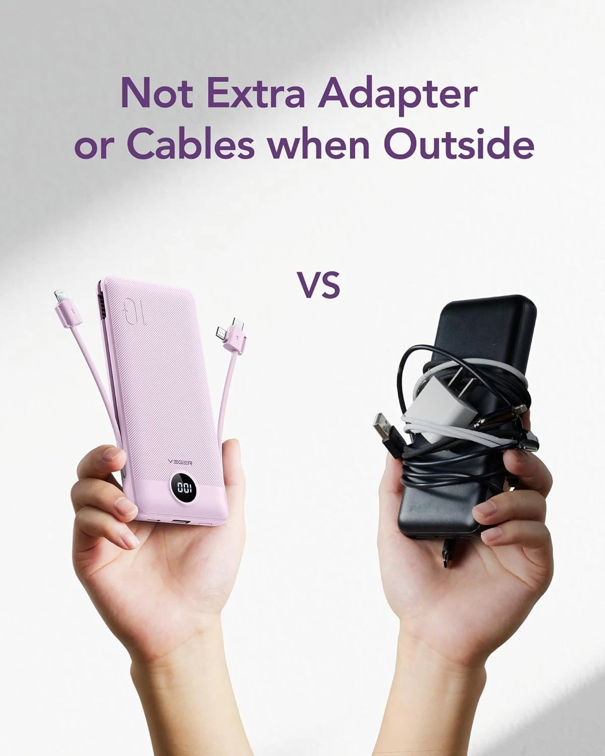 Portable charger with built-in cables compared with a charger and loose cable bundle