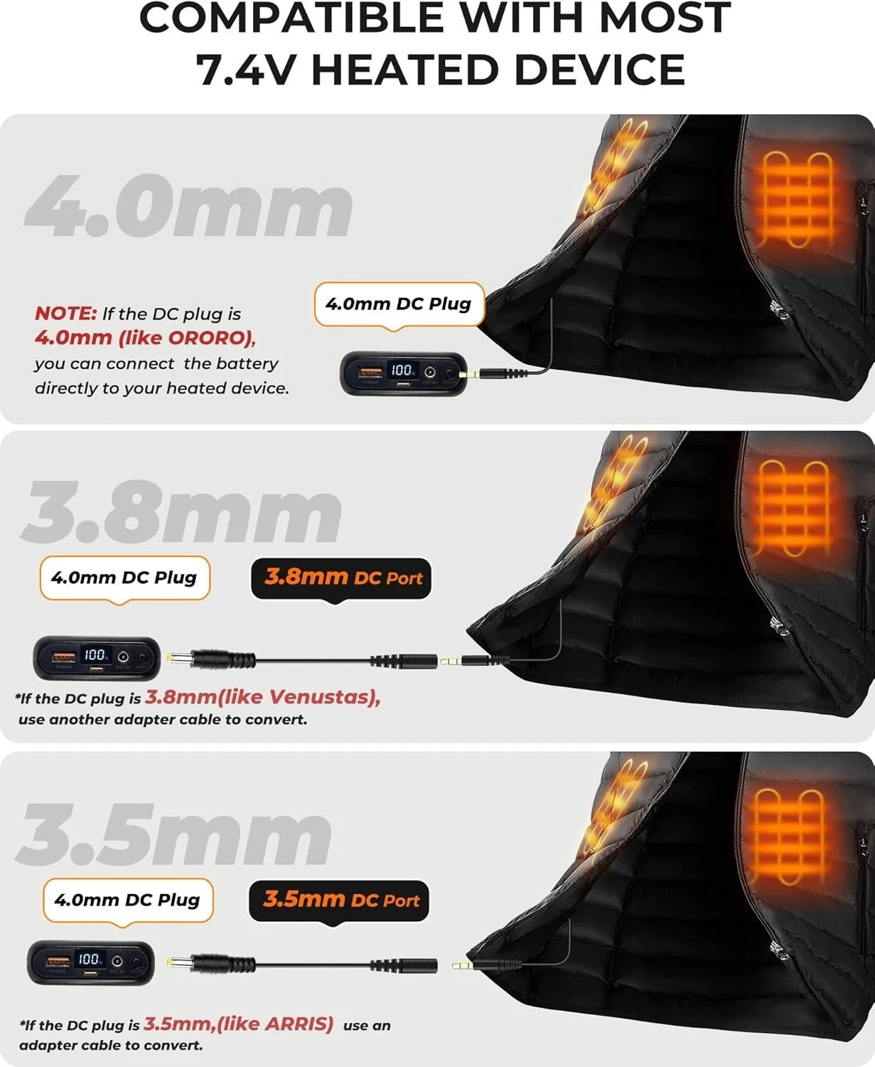 Compatibility guide for 4.0mm, 3.8mm, and 3.5mm heated apparel connectors