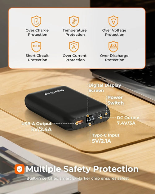 Sevdiea heated vest battery pack showing safety protections and port layout