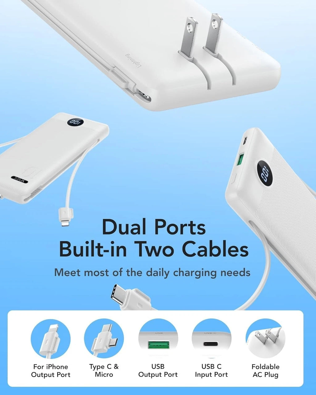 Product ports image showing built-in iPhone cable, Type-C and Micro cable, USB output, USB-C input, and foldable AC plug
