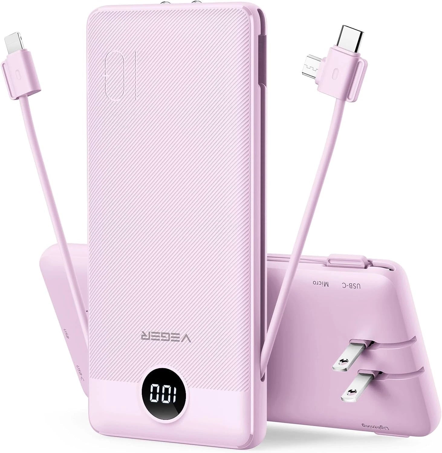 Purple 10000mAh portable charger with built-in cables, AC wall plug, and digital LED display