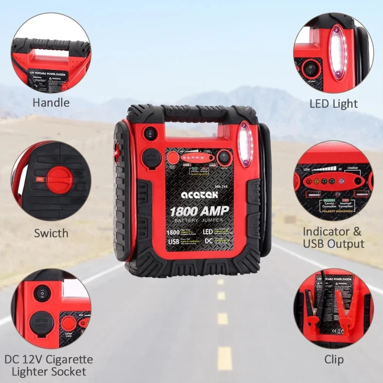 Jump starter features handle LED light switch USB output DC 12V socket and clamps