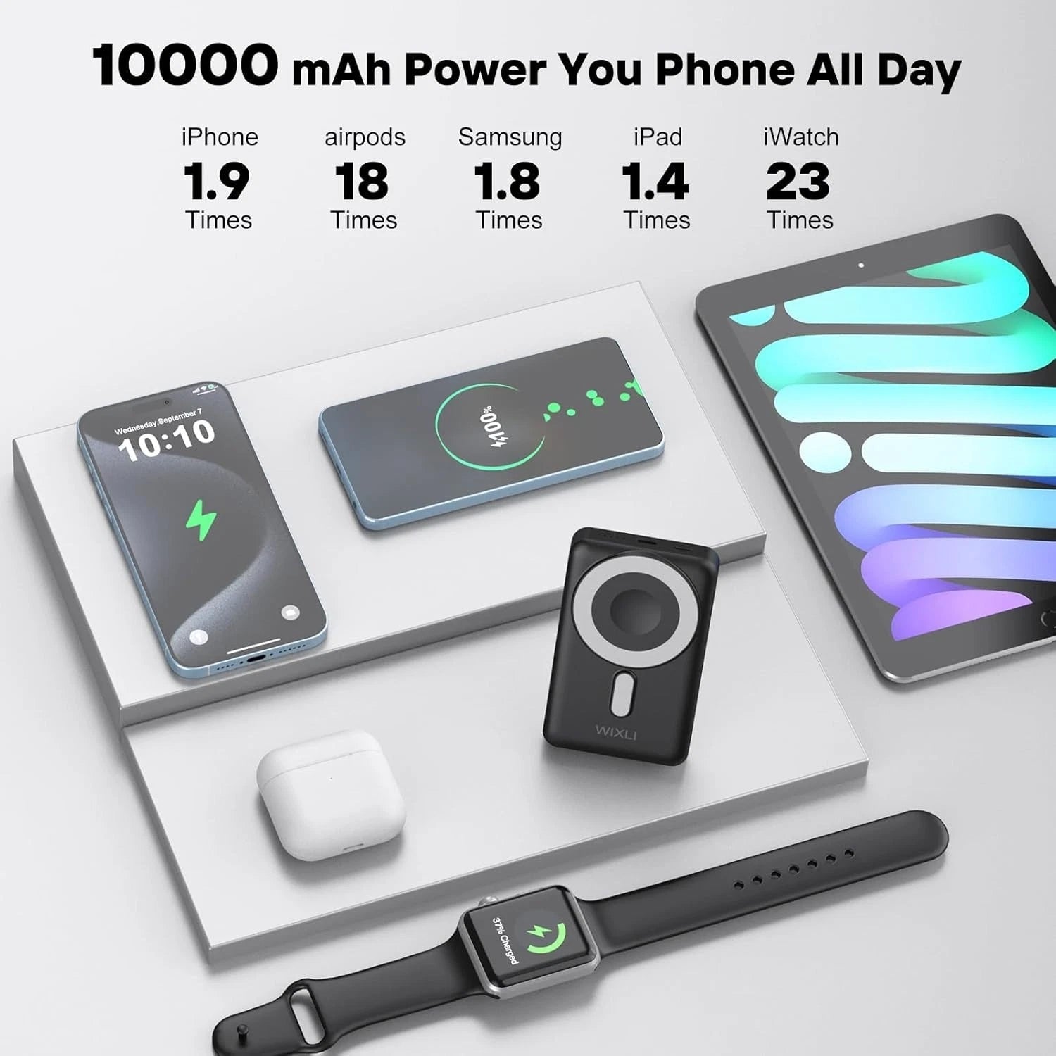 10000mAh wireless power bank charging examples for phone, earbuds, tablet, and watch