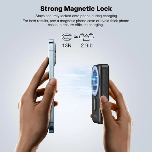 Magnetic wireless portable charger showing strong magnetic lock during phone charging
