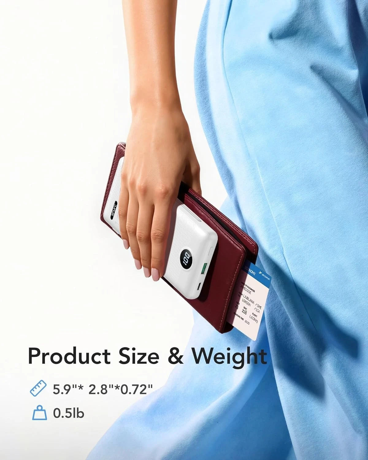 Portable charger size and weight image showing approximate 5.9 x 2.8 x 0.72 inch dimensions and 0.5 lb weight