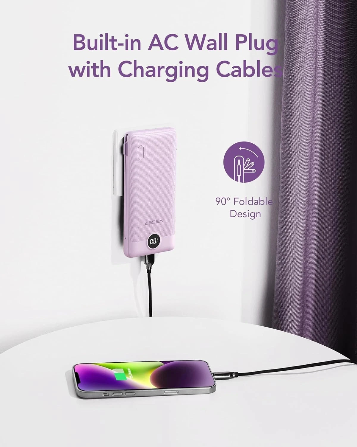 Built-in AC wall plug and charging cable design with 90-degree foldable plug