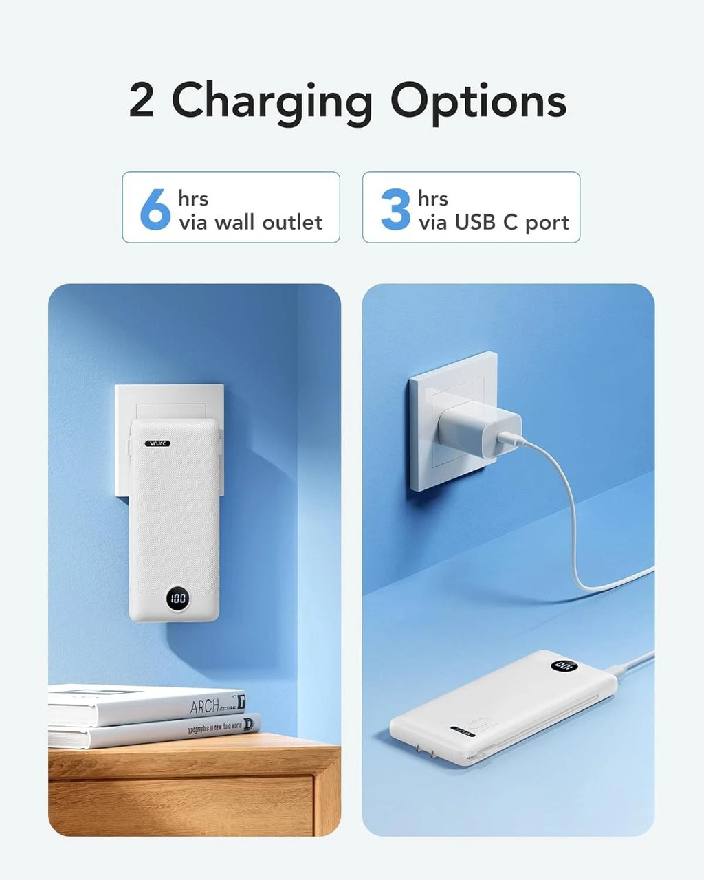 Recharge options image showing about 6 hours via wall outlet and 3 hours via USB-C port
