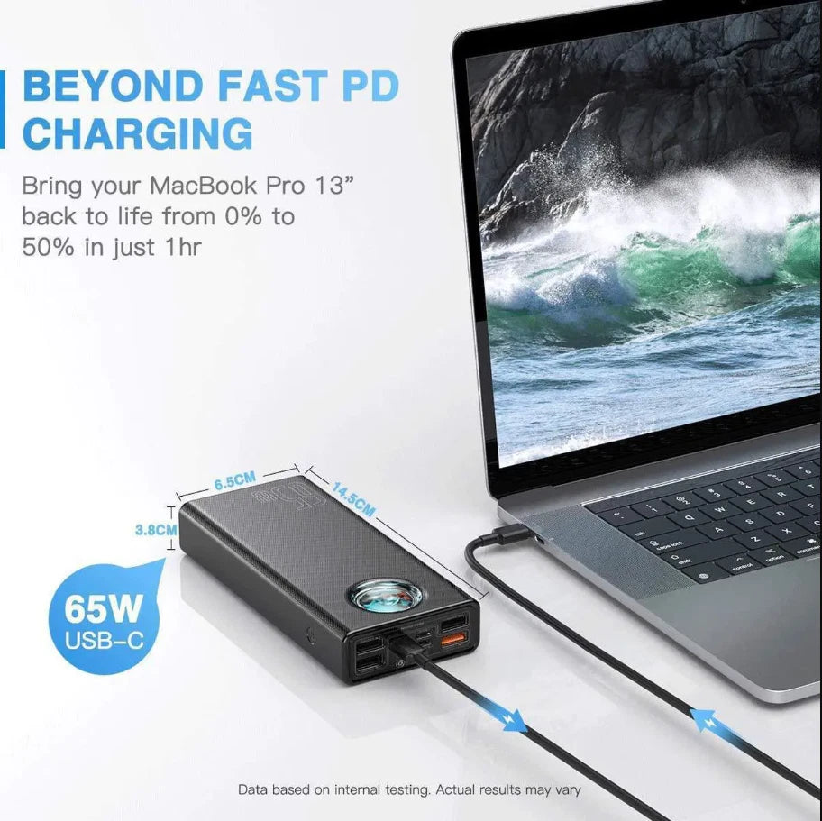 Baseus 65W USB-C power bank connected to a laptop with size dimensions shown