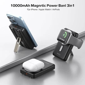 Wireless 3-in-1 magnetic power bank with phone, watch, and earbuds charging scene